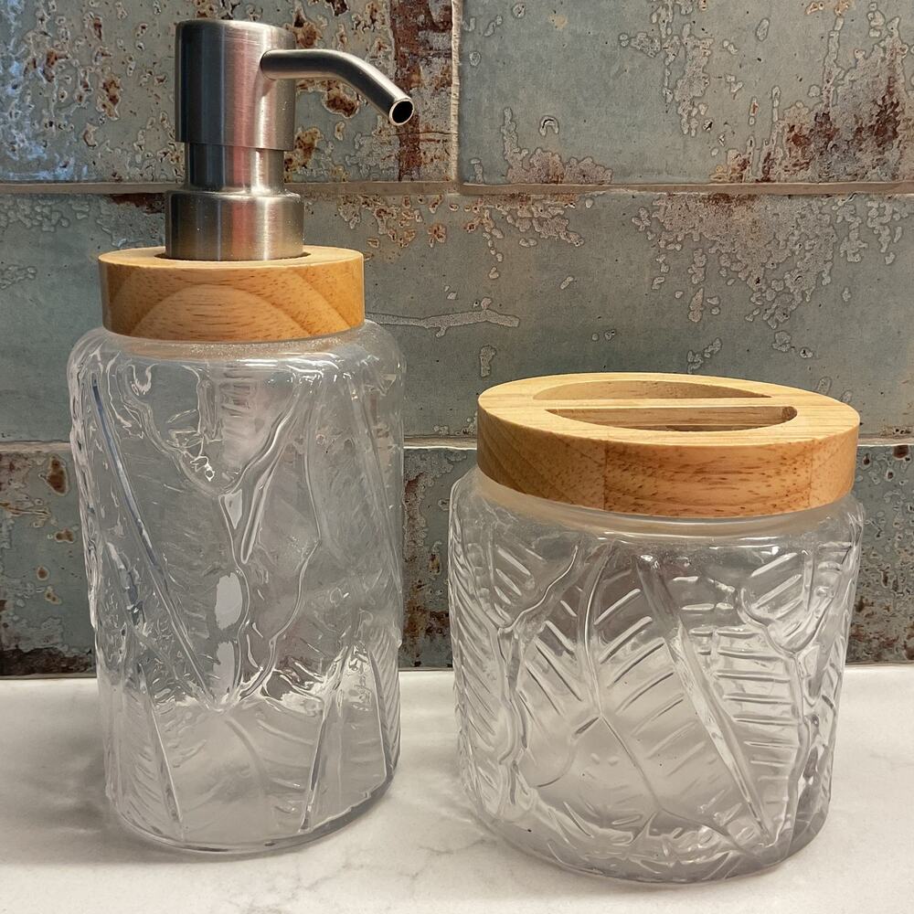 Bamboo Palm Leaf Bathroom Accessories Set of 2